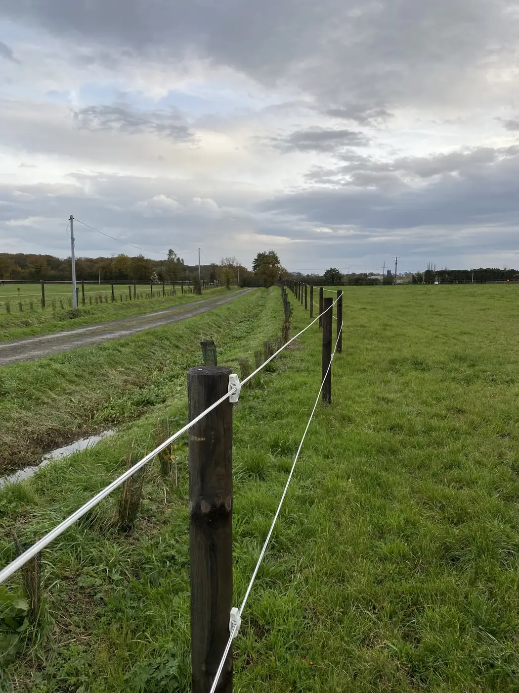 Clôture électrique bordant un chemin d’exploitation