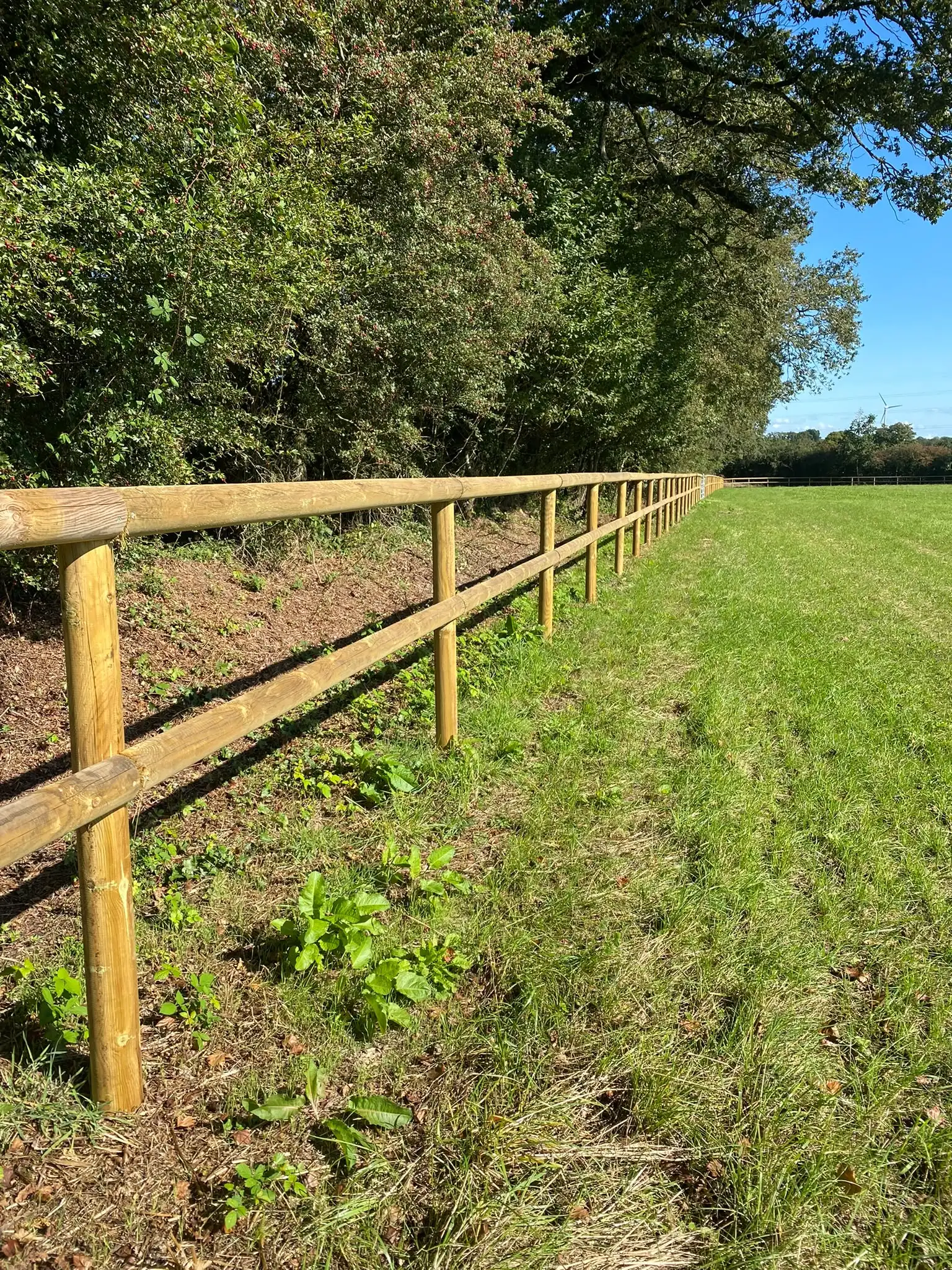 Clôture à lices bois pour poneys en limite de pré, Loire-Atlantique